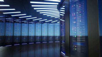 Network and data servers behind glass panels in a server room of a data center or ISPt, 3d Animation video