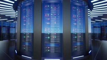 Network and data servers behind glass panels in a server room of a data center or ISPt, 3d Animation video
