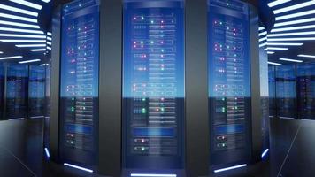 Network and data servers behind glass panels in a server room of a data center or ISPt, 3d Animation video