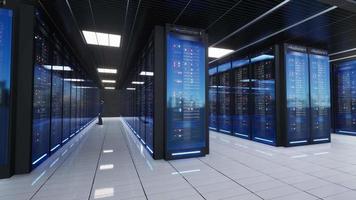 netwerk en gegevens servers achter glas panelen in een server kamer van een gegevens centrum of ispt, 3d animatie video