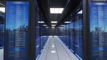 netwerk en gegevens servers achter glas panelen in een server kamer van een gegevens centrum of ispt, 3d animatie video