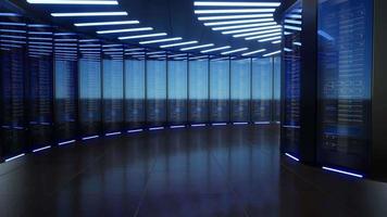 Network and data servers behind glass panels in a server room of a data center or ISPt, 3d Animation video