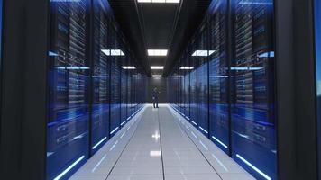 Network and data servers behind glass panels in a server room of a data center or ISPt, 3d Animation video