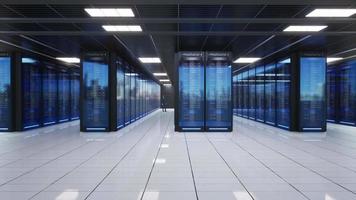 Network and data servers behind glass panels in a server room of a data center or ISPt, 3d Animation video