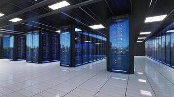 netwerk en gegevens servers achter glas panelen in een server kamer van een gegevens centrum of ispt, 3d animatie video