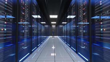 Network and data servers behind glass panels in a server room of a data center or ISPt, 3d Animation video