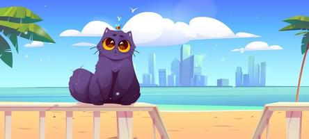 Cute cat sit on terrace railing on sea beach vector