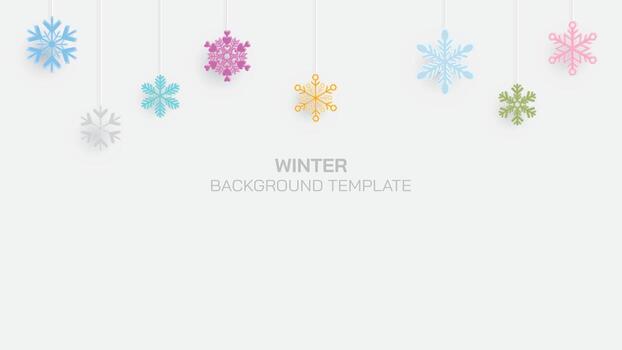 Abstract 3 dimension paper cut various colorful snowflake hanging from top with blank space on white background. vector
