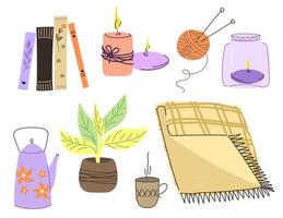 Cute collection of autumn and winter hygge elements. Isolated on white background. Vector illustration in scandinavian doodle style.