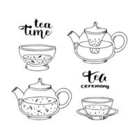 Tea ceremony vector design elements. Set hand drawn silhouette illustration