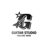 letra g guitarra eléctrica y elemento de diseño de logotipo de vector de decoración de estrellas