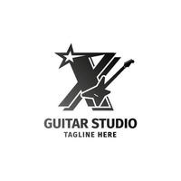 letra x guitarra eléctrica y elemento de diseño de logotipo de vector de decoración de estrellas