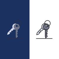 llaves clave sala de seguridad iconos planos y llenos de línea conjunto de iconos vector fondo azul