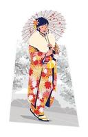 mujer japonesa en kimono sobre el concepto de la próxima edad del día vector