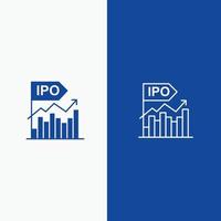 oferta moderna inicial de negocio ipo línea pública y glifo sólido icono línea de banner azul y glifo sólido vector