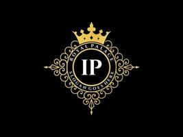 Letter IP Antique royal luxury victorian logo with ornamental frame. vector