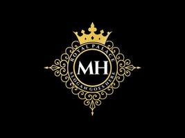 Letter MH Antique royal luxury victorian logo with ornamental frame. vector