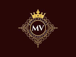 Letter MV Antique royal luxury victorian logo with ornamental frame. vector