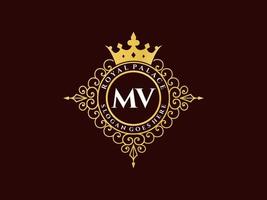 Letter MV Antique royal luxury victorian logo with ornamental frame. vector