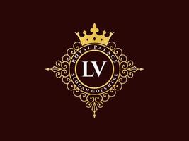 Letter LV Antique royal luxury victorian logo with ornamental frame. vector