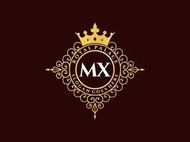 Letter MX Antique royal luxury victorian logo with ornamental frame. vector