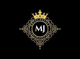 letra mj logotipo victoriano de lujo real antiguo con marco ornamental. vector