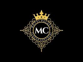 Letter MC Antique royal luxury victorian logo with ornamental frame. vector
