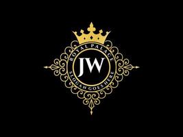 Letter JW Antique royal luxury victorian logo with ornamental frame. vector