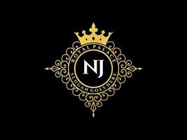 Letter NJ Antique royal luxury victorian logo with ornamental frame. vector