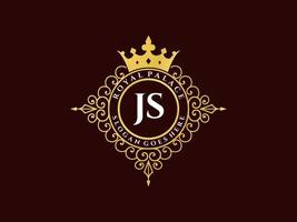 Letter JS Antique royal luxury victorian logo with ornamental frame. vector