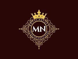 Letter MN Antique royal luxury victorian logo with ornamental frame. vector
