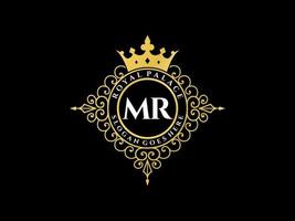 Letter MR Antique royal luxury victorian logo with ornamental frame. vector
