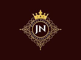 Letter JN Antique royal luxury victorian logo with ornamental frame. vector