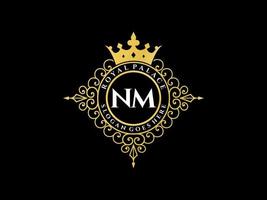 Letter NM Antique royal luxury victorian logo with ornamental frame. vector