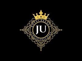 Letter JU Antique royal luxury victorian logo with ornamental frame. vector