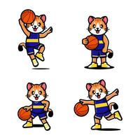 Set of happy cute cat playing basketball vector