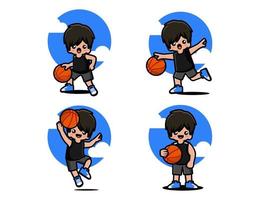 conjunto de niño lindo feliz jugando baloncesto vector