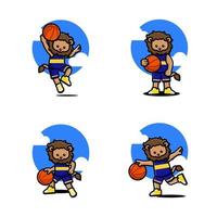 conjunto de león lindo feliz jugando baloncesto vector