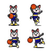 Set of happy cute husky playing basketball vector