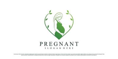 plantilla de diseño de logotipo de mujer embarazada con concepto de elemento de hoja y en forma de corazón vector