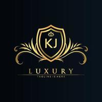KJ Letter Initial with Royal Template.elegant with crown logo vector, Creative Lettering Logo Vector Illustration.