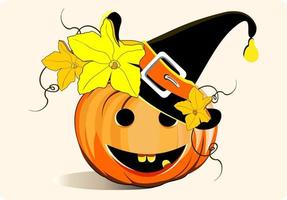 funny pumpkin with a hat on his head celebrates Halloween, pumpkin leaves and flowers for halloween vector