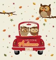 patrón de camión rojo otoñal con lindo personaje de búhos, texto de bienvenida otoño y otoño en la parte posterior - diseño vectorial de otoño vector