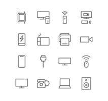 Set of electronic and devices icons, smart speaker, video camera, monitor, phone, smart watch, cable and linear variety vectors. vector
