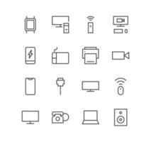 Set of electronic and devices icons, smart speaker, video camera, monitor, phone, smart watch, cable and linear variety vectors. vector