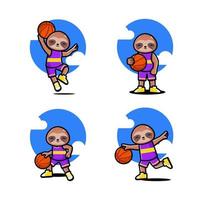 Set of happy cute sloth playing basketball vector