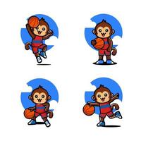 Set of happy cute monkey playing basketball vector