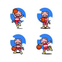 conjunto de cerdo lindo feliz jugando baloncesto vector