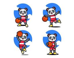 conjunto de panda lindo feliz jugando baloncesto vector