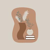 Decor set in beige color from a vase, books,  growths against a spot vector